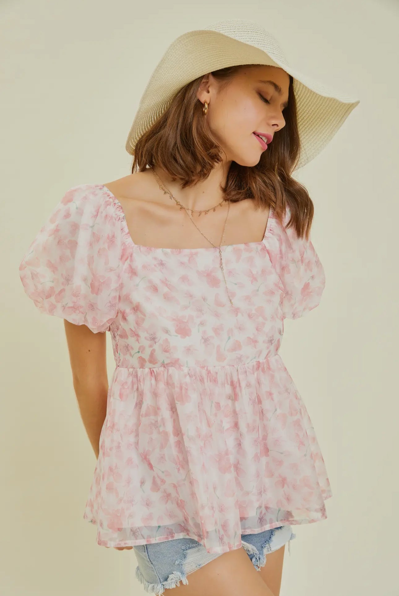 Pink Flirty Florals Puff Sleeve Babydoll Blouse - S