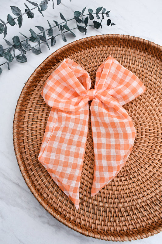 Orange Creamsicle Gingham Bow Clip