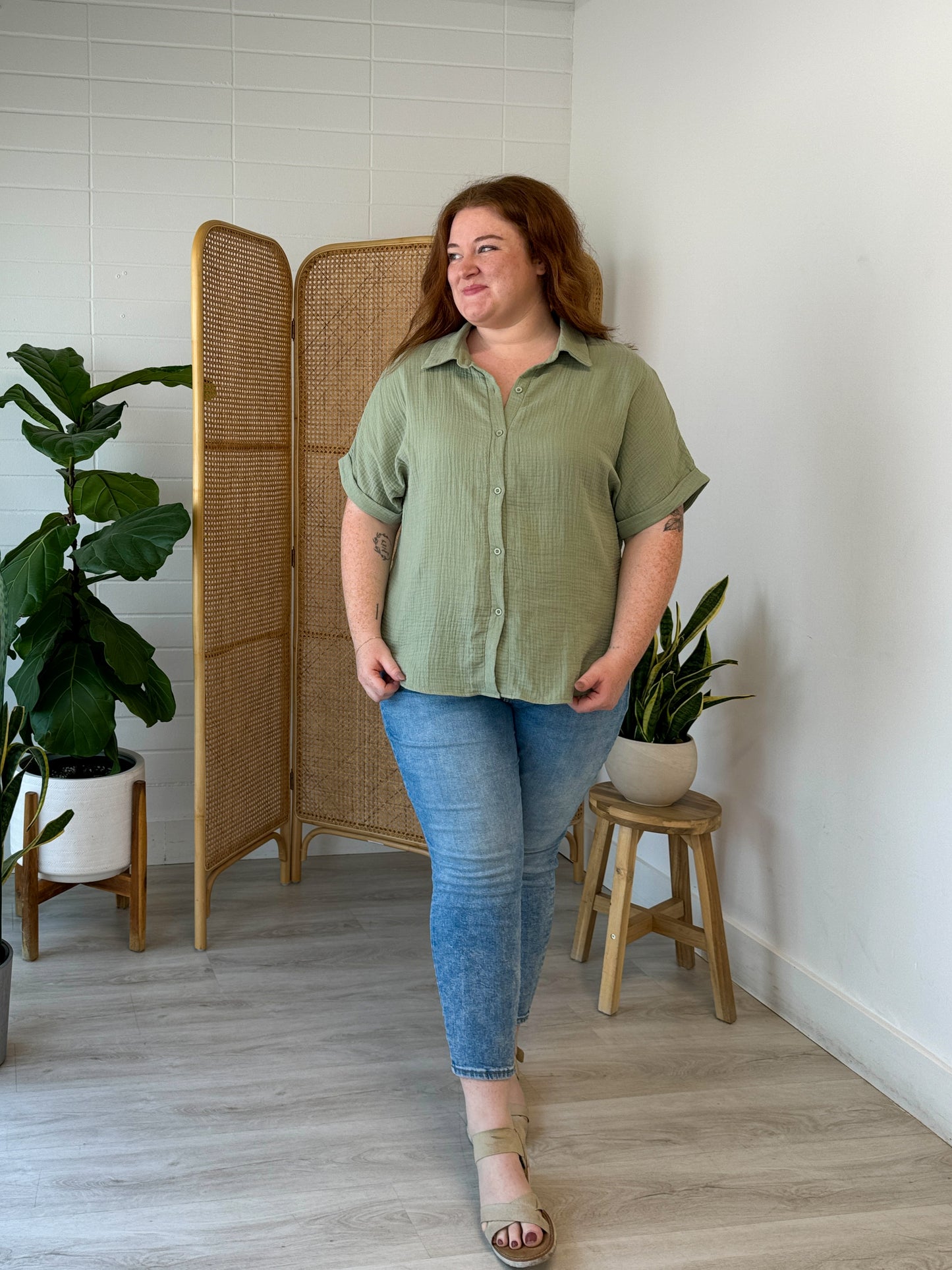 Green Cotton Short Sleeve Button Down Top