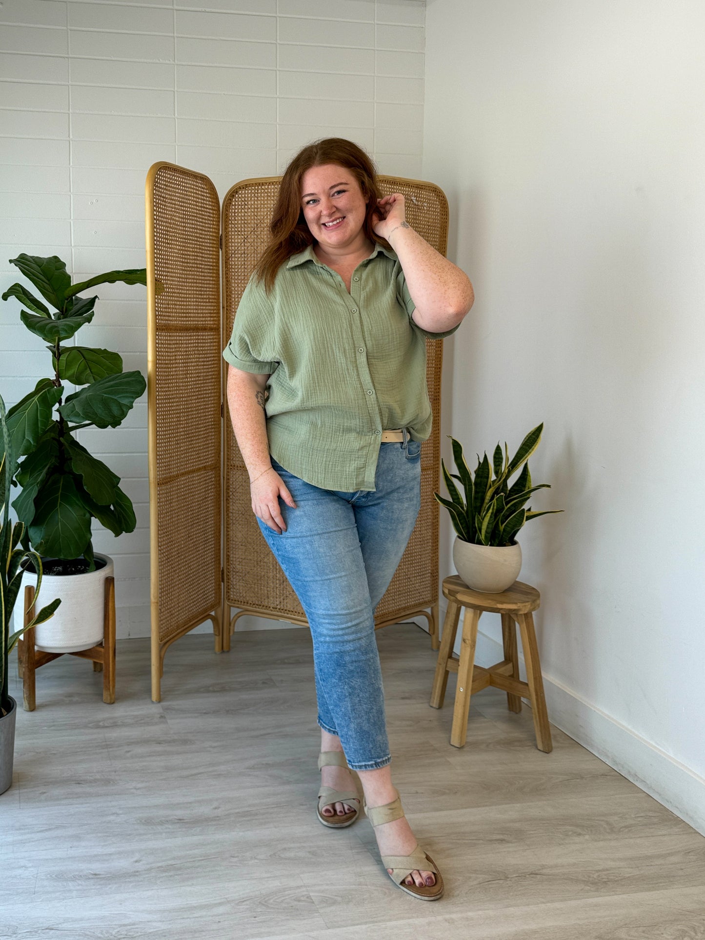 Green Cotton Short Sleeve Button Down Top