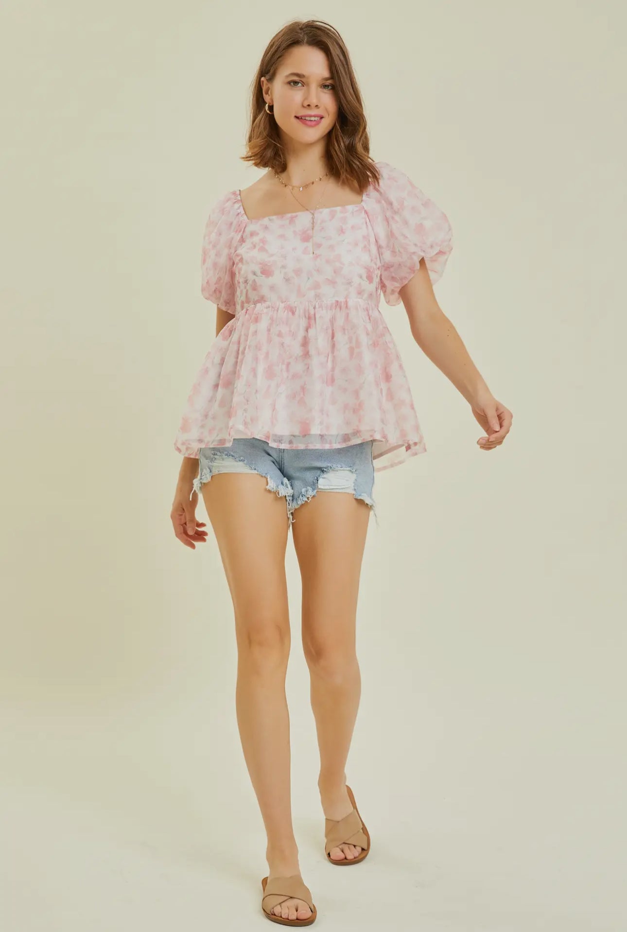 Pink Flirty Florals Puff Sleeve Babydoll Blouse - S