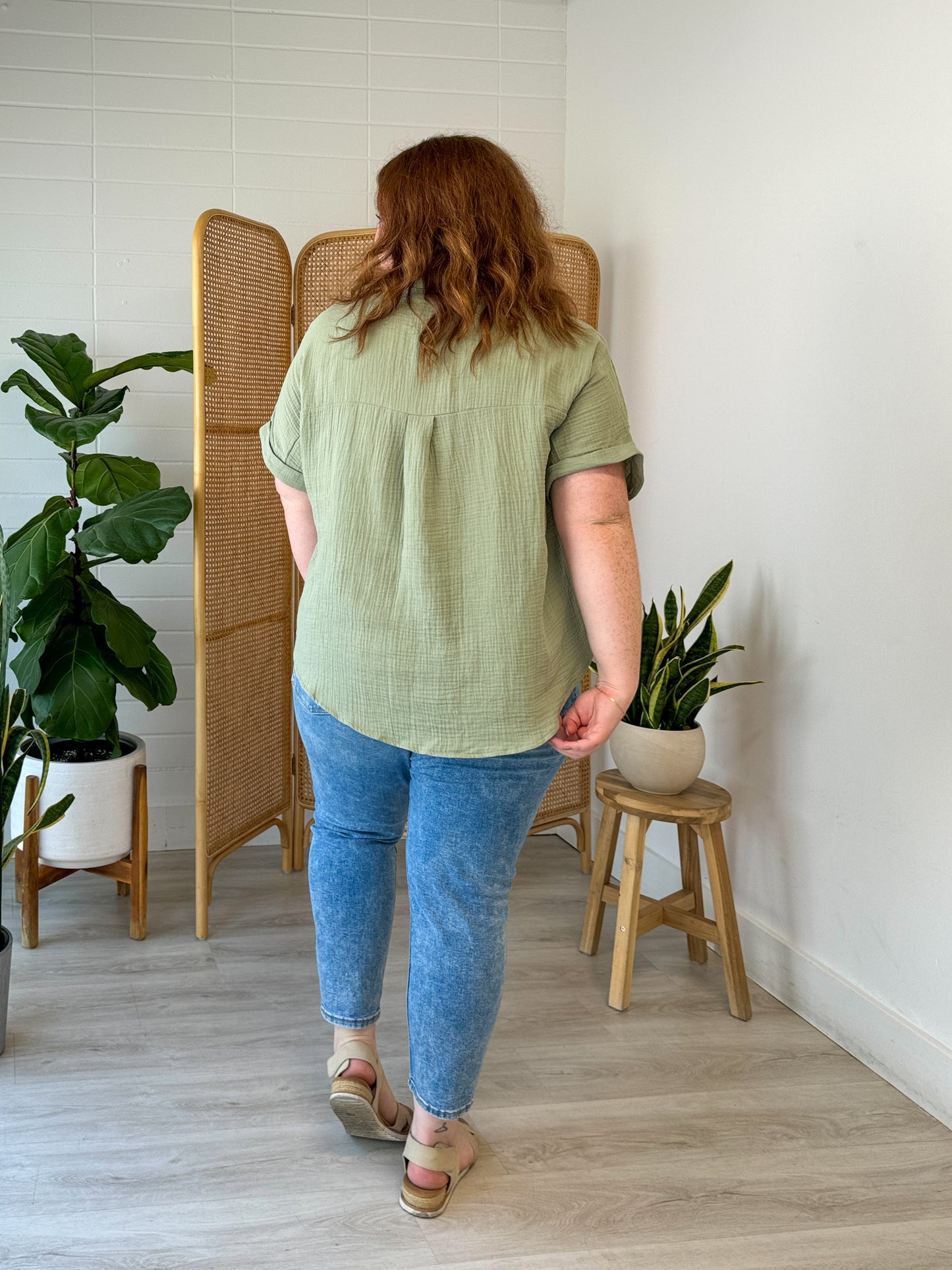 Green Cotton Short Sleeve Button Down Top