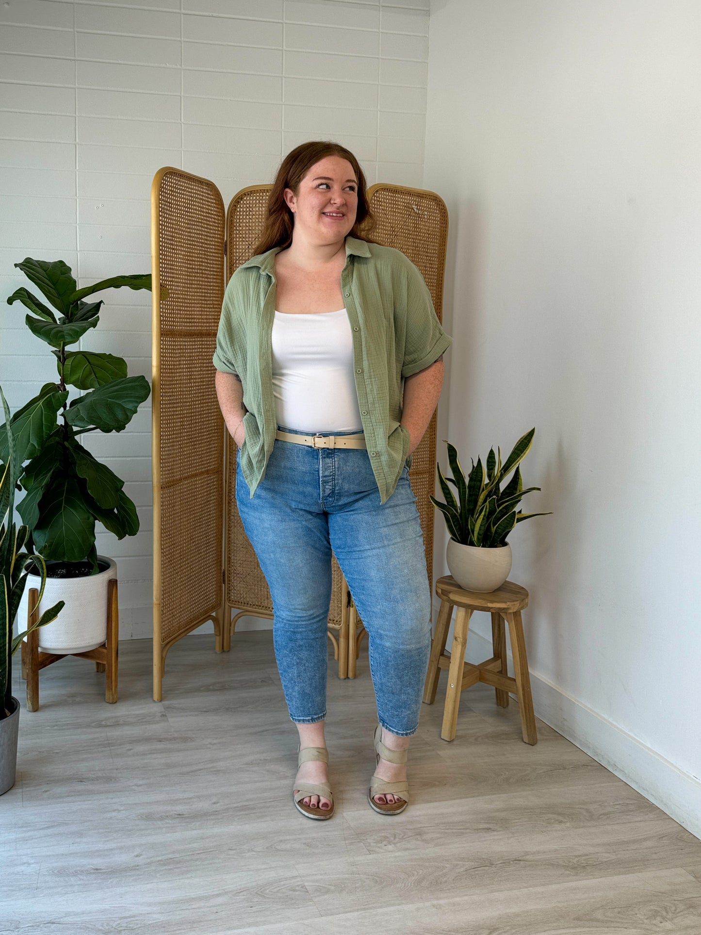 Green Cotton Short Sleeve Button Down Top