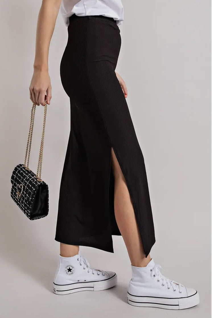 Weekender Ribbed Knit Midi Skirt with Side Slit