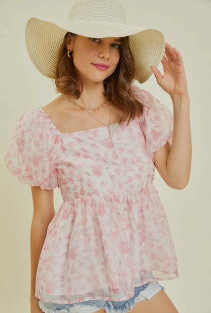 Pink Flirty Florals Puff Sleeve Babydoll Blouse - S