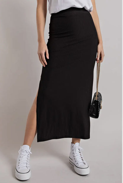 Weekender Ribbed Knit Midi Skirt with Side Slit