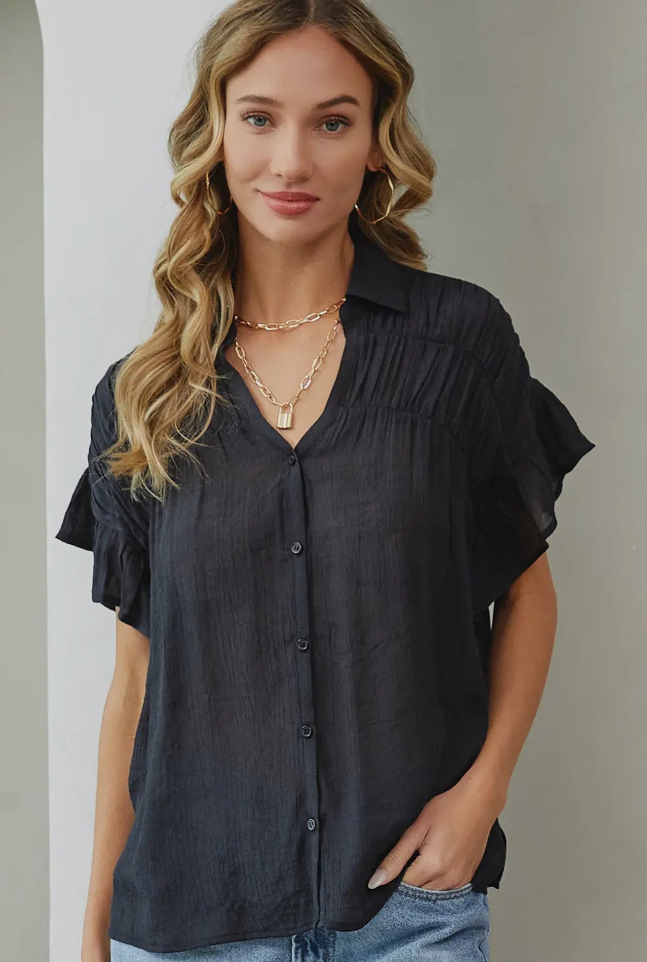 Coastal Breeze Ruffle Short Sleeve Blouse