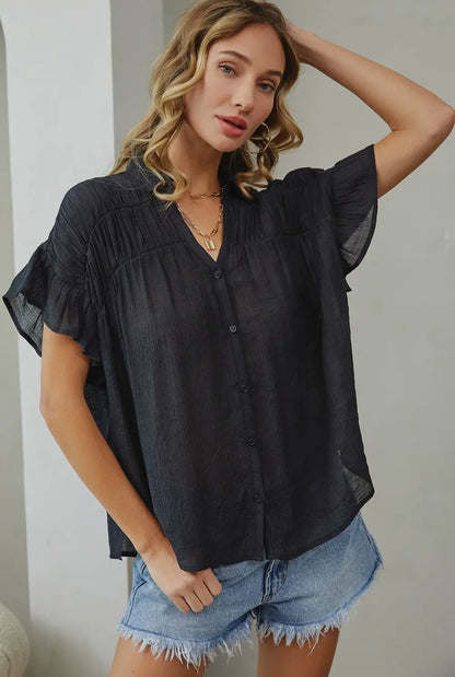 Coastal Breeze Ruffle Short Sleeve Blouse