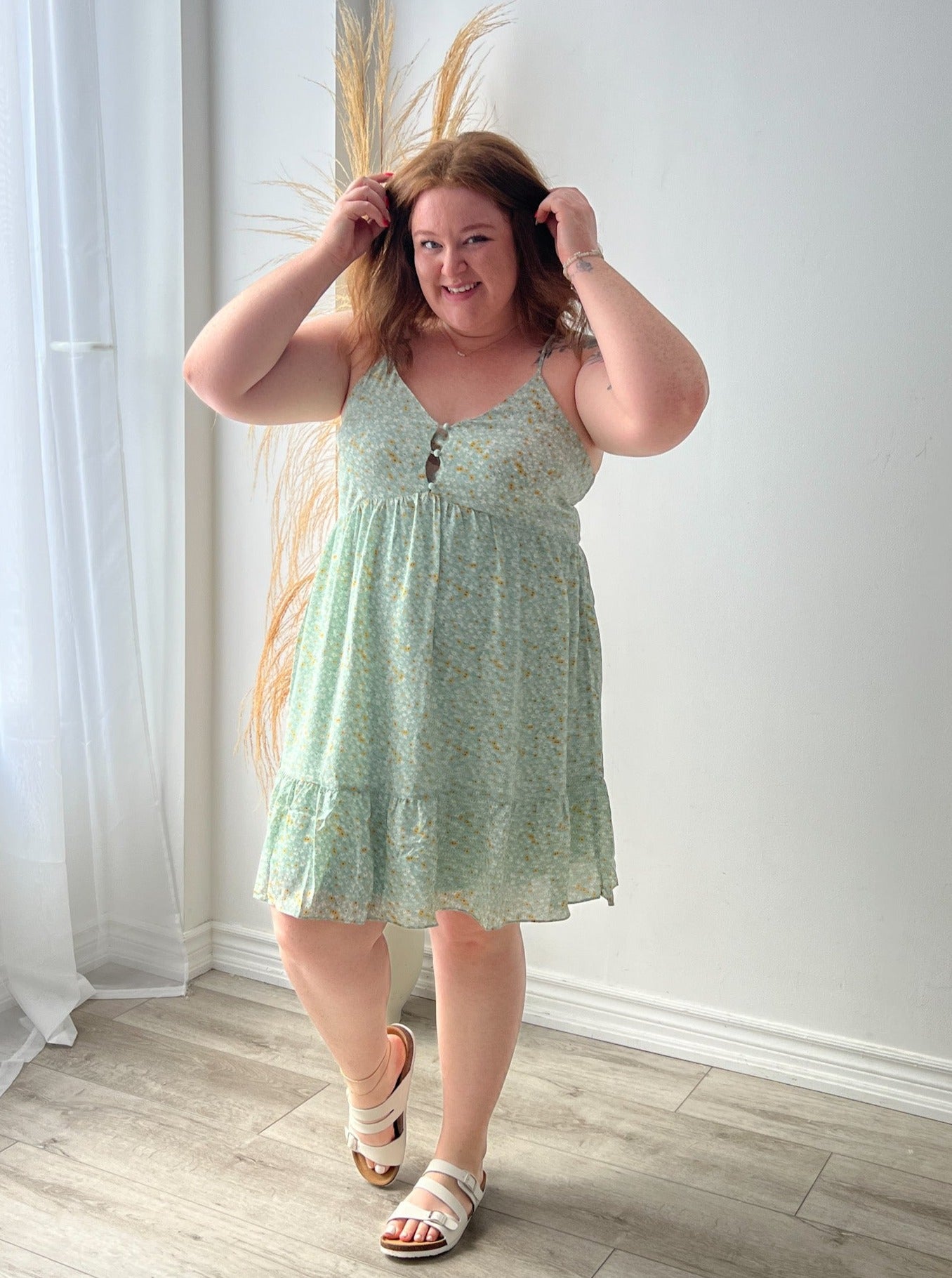 Mint to Be Ditsy Floral Halter Back Dress