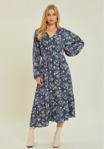 Meet Me at Midnight Floral Long Sleeve Midi Dress