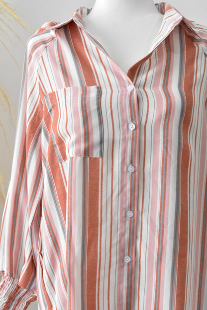 Striped Button Up Top with Cuff Detail - MEDIUM/LARGE ONLY