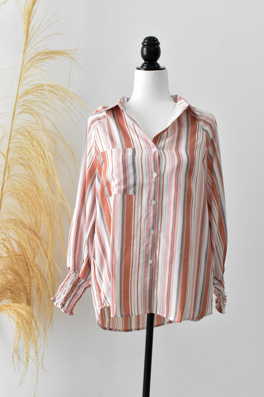 Striped Button Up Top with Cuff Detail - MEDIUM/LARGE ONLY